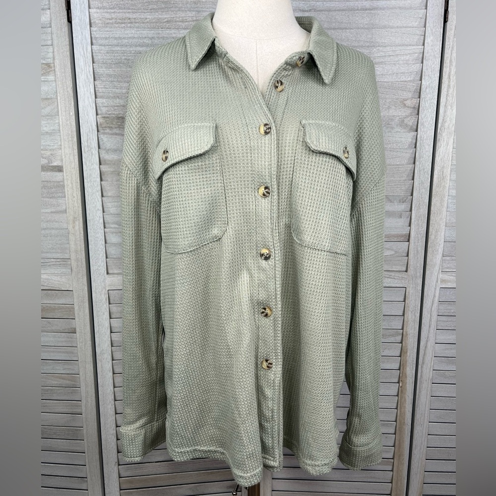 BETTER TOGETHER Button Down Waffle Knit Top Sage Green-Large